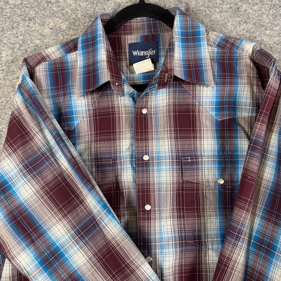 Vintage Wrangler Plaid Western Burgundy Pearl Snap Button Shirt L Tall Cotton - Picture 9 of 14
